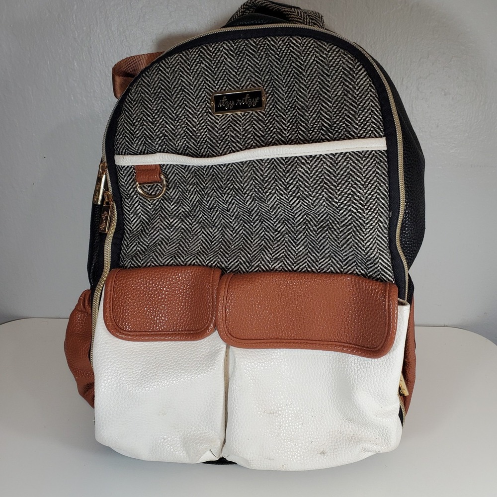 Itzy Ritzy Boss Diaper Bag Backpack Herringbone Coffee Cream Large Baby Blemish